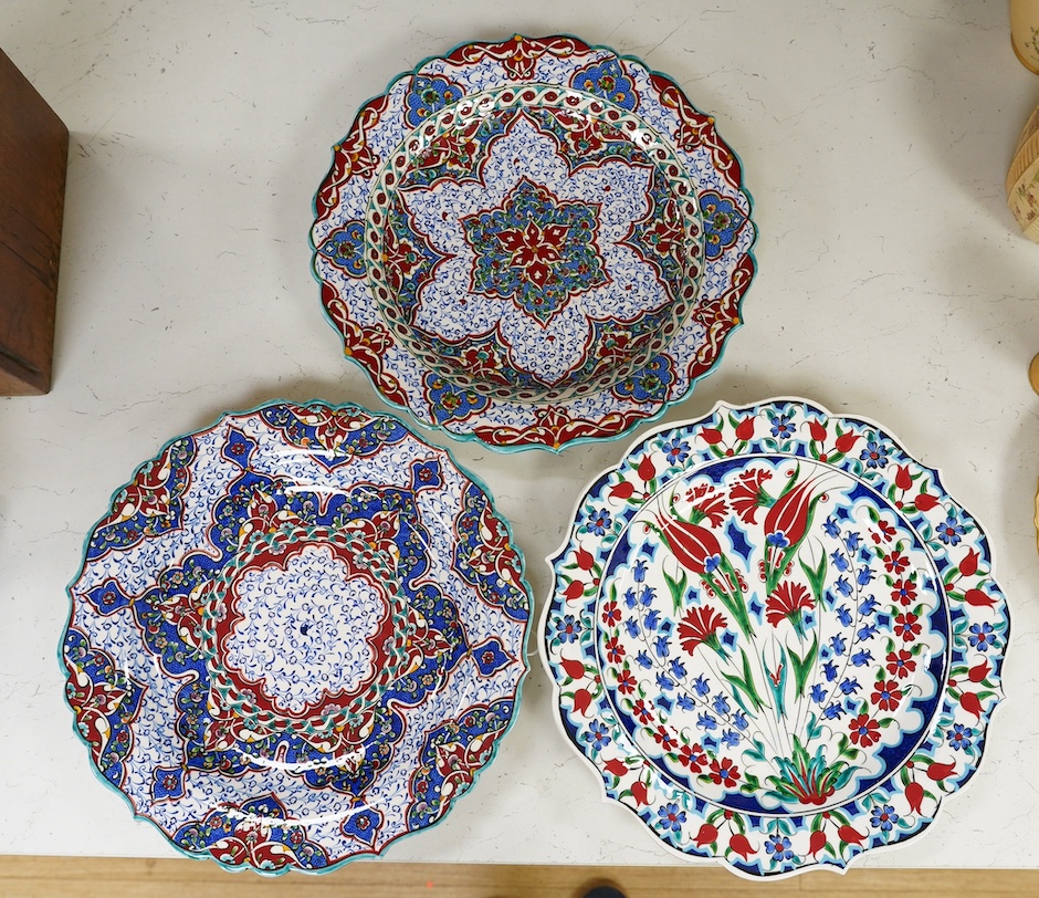 Three Kutahya Turkey pottery dishes, 30cm diameter. Condition - good